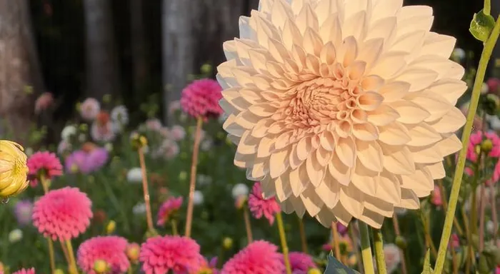 A peach dahlia standing above rows of pink dahlias, with fir trees behind